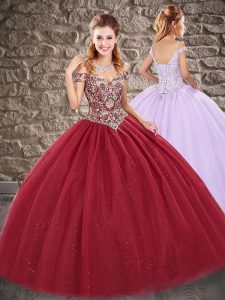 Glorious Wine Red Sweet 16 Dresses Military Ball and Sweet 16 and Quinceanera with Beading Off The Shoulder Sleeveless L
