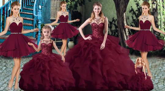 Sexy Scoop Sleeveless Tulle Quinceanera Dresses Beading and Ruffles Brush Train Lace Up