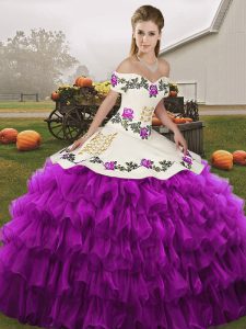 White And Purple Lace Up Off The Shoulder Embroidery and Ruffled Layers Quince Ball Gowns Organza Sleeveless