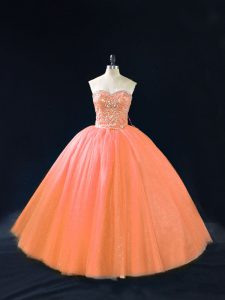 Most Popular Peach Sweet 16 Dress Sweet 16 and Quinceanera with Beading Sweetheart Sleeveless Lace Up