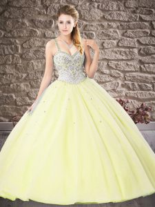 Best Selling Straps Sleeveless Sweet 16 Quinceanera Dress Floor Length Beading and Lace Yellow Tulle