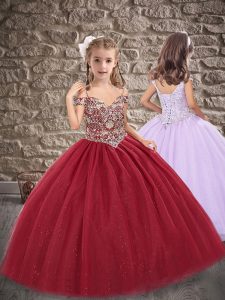 Burgundy Ball Gowns Tulle Off The Shoulder Sleeveless Beading Floor Length Lace Up Pageant Dresses