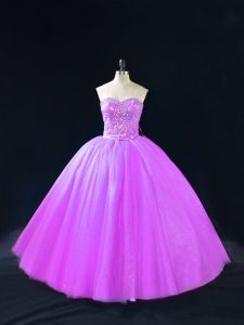 Eye-catching Purple Ball Gowns Tulle Sweetheart Sleeveless Beading Floor Length Lace Up 15 Quinceanera Dress