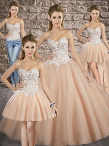 Sweetheart Sleeveless Tulle 15th Birthday Dress Appliques Brush Train Lace Up