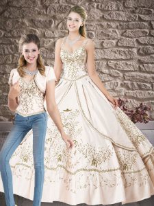High Class Satin Sleeveless Floor Length Quinceanera Dresses and Beading and Embroidery