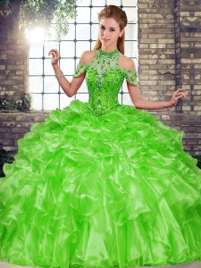 Fantastic Halter Top Sleeveless Lace Up Quinceanera Gown Green Organza