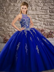 Pretty Royal Blue Ball Gowns Halter Top Sleeveless Tulle Brush Train Lace Up Beading and Appliques Sweet 16 Dresses