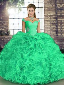 Decent Off The Shoulder Sleeveless 15 Quinceanera Dress Floor Length Beading and Ruffles Turquoise Organza