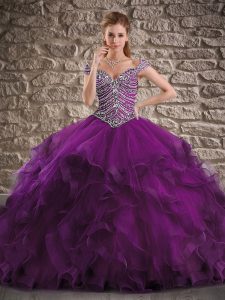 Sexy Purple Ball Gowns Off The Shoulder Cap Sleeves Tulle Brush Train Lace Up Beading and Ruffles Sweet 16 Dress