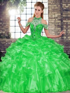 Beading and Ruffles Ball Gown Prom Dress Green Lace Up Sleeveless Floor Length