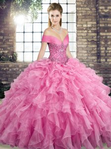 Decent Rose Pink Quinceanera Gowns Military Ball and Sweet 16 and Quinceanera with Beading and Ruffles Off The Shoulder 
