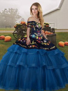 Enchanting Brush Train Ball Gowns 15th Birthday Dress Blue And Black Off The Shoulder Tulle Sleeveless Lace Up