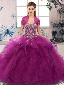 Ideal Off The Shoulder Sleeveless Quinceanera Dresses Floor Length Beading and Ruffles Fuchsia Tulle