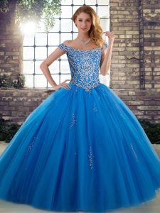 Super Blue Ball Gowns Off The Shoulder Sleeveless Tulle Floor Length Lace Up Beading Ball Gown Prom Dress