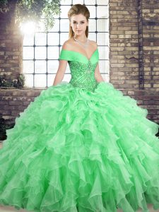 Apple Green Sleeveless Organza Brush Train Lace Up Sweet 16 Dress for Military Ball and Sweet 16 and Quinceanera