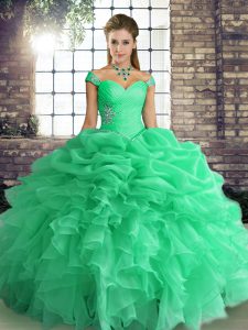 Turquoise Organza Lace Up Ball Gown Prom Dress Sleeveless Floor Length Beading and Ruffles and Pick Ups