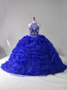 High Class Royal Blue Long Sleeves Court Train Beading and Pick Ups Sweet 16 Quinceanera Dress