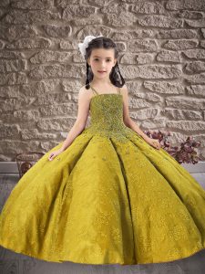 Eye-catching Olive Green Ball Gowns Spaghetti Straps Sleeveless Satin Floor Length Lace Up Beading and Embroidery Little