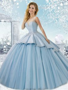 Affordable Light Blue Ball Gowns Tulle Scoop Sleeveless Beading Lace Up Vestidos de Quinceanera Brush Train