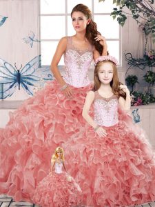 Cheap Watermelon Red Organza Clasp Handle Scoop Sleeveless Floor Length Quinceanera Gown Beading and Ruffles