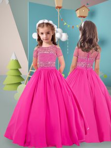 Custom Fit Hot Pink Chiffon Zipper Off The Shoulder Short Sleeves Floor Length Pageant Dress Toddler Beading