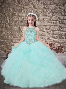 Sleeveless Sweep Train Beading and Ruffles Lace Up Little Girls Pageant Dress Wholesale