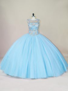 Dazzling Floor Length Blue Sweet 16 Dress Scoop Sleeveless Lace Up