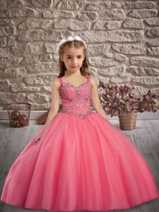 Fancy Floor Length Ball Gowns Sleeveless Pink Little Girls Pageant Gowns Lace Up