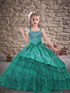 Customized Straps Sleeveless Little Girls Pageant Dress Floor Length Embroidery and Ruffled Layers Turquoise Organza