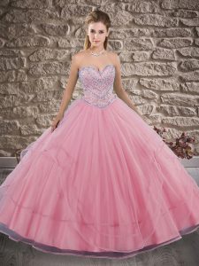 Fashionable Sleeveless Tulle Brush Train Lace Up Sweet 16 Quinceanera Dress in Watermelon Red with Beading and Ruffles
