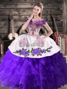 Glittering Purple Lace Up Quinceanera Dresses Embroidery and Ruffles Sleeveless Floor Length