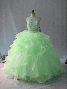 Apple Green Halter Top Backless Beading and Ruffles 15th Birthday Dress Sleeveless