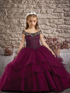 Custom Made Lace Up Pageant Gowns For Girls Burgundy for Wedding Party with Beading and Ruffled Layers Sweep Train