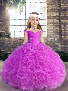 Eye-catching Lilac Lace Up Straps Beading and Ruching Girls Pageant Dresses Fabric With Rolling Flowers Sleeveless