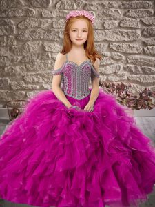 Tulle Sleeveless Floor Length Little Girls Pageant Dress Wholesale and Beading and Ruffles