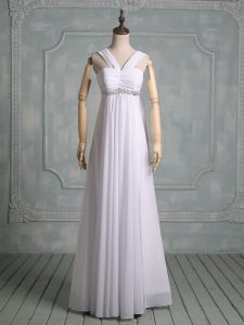 Clearance White Zipper Dress for Prom Beading and Ruching Sleeveless Floor Length