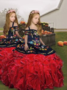 Top Selling Sleeveless Floor Length Embroidery and Ruffles Lace Up Little Girls Pageant Gowns with Red