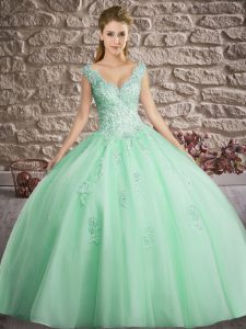 Dynamic Apple Green Tulle Lace Up V-neck Sleeveless Floor Length Sweet 16 Quinceanera Dress Appliques