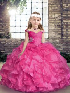Ball Gowns Little Girl Pageant Gowns Hot Pink Straps Organza Sleeveless Floor Length Lace Up