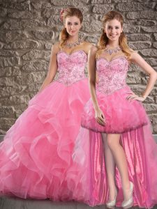 Deluxe Ball Gowns Sleeveless Rose Pink Quince Ball Gowns Brush Train Lace Up