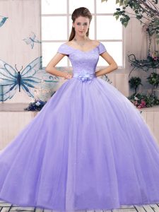 Suitable Lavender Tulle Lace Up Off The Shoulder Short Sleeves Floor Length Quinceanera Dress Lace and Hand Made Flower