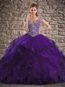 Eye-catching Purple Ball Gowns Tulle Off The Shoulder Cap Sleeves Beading and Ruffles Lace Up Quinceanera Gowns Brush Tr