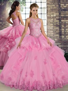 Rose Pink Sleeveless Tulle Lace Up Quinceanera Gown for Military Ball and Sweet 16 and Quinceanera