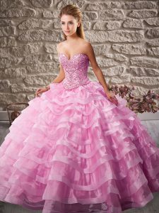Designer Rose Pink Sleeveless Beading and Ruffled Layers Lace Up Quinceanera Gown