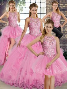 Fashion Rose Pink Lace Up Quinceanera Dresses Lace and Embroidery and Ruffles Sleeveless Floor Length