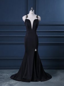 Fitting Mermaid Sleeveless Black Prom Dresses Brush Train Zipper