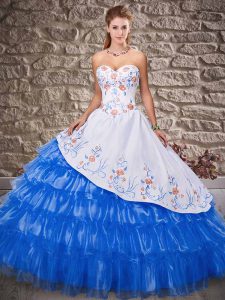 Floor Length Blue Sweet 16 Dress Satin and Organza Sleeveless Embroidery and Ruffled Layers