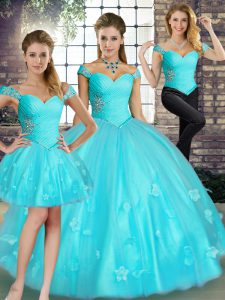 Deluxe Off The Shoulder Sleeveless Lace Up Sweet 16 Dresses Aqua Blue Tulle