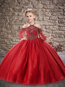 Halter Top 3 4 Length Sleeve Tulle Little Girl Pageant Gowns Beading and Lace Zipper