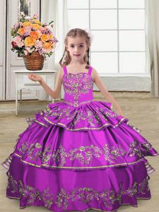 Floor Length Purple Child Pageant Dress Satin Sleeveless Embroidery and Ruffled Layers